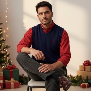 ⭐ POLO RALPH LAUREN 100% Cotton Knit Sweater Vest – Navy Blue, Red Pony –Size XL